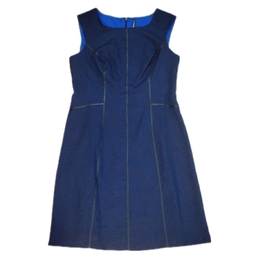Andrew Marc Women's blue tweed sleeveless sheath dress w/ black detailing size 8 - Picture 3 of 10